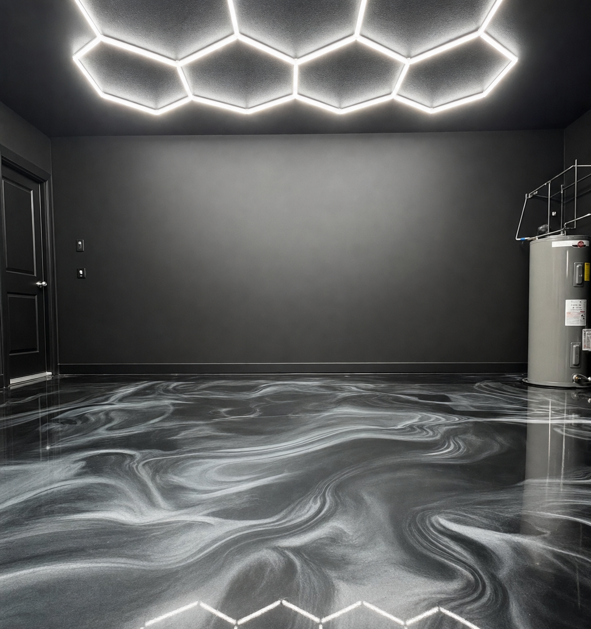 Garage floor after black and white metallic epoxy