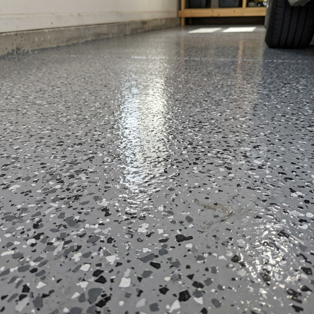 Close-up of gray flake epoxy surface showing individual flakes