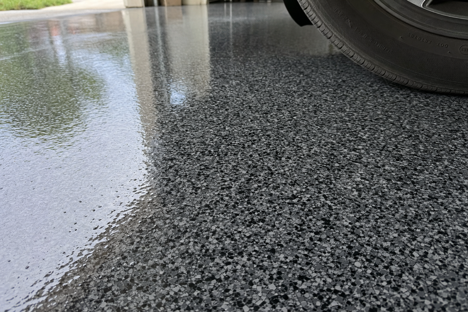 Charcoal black flake system epoxy garage floor