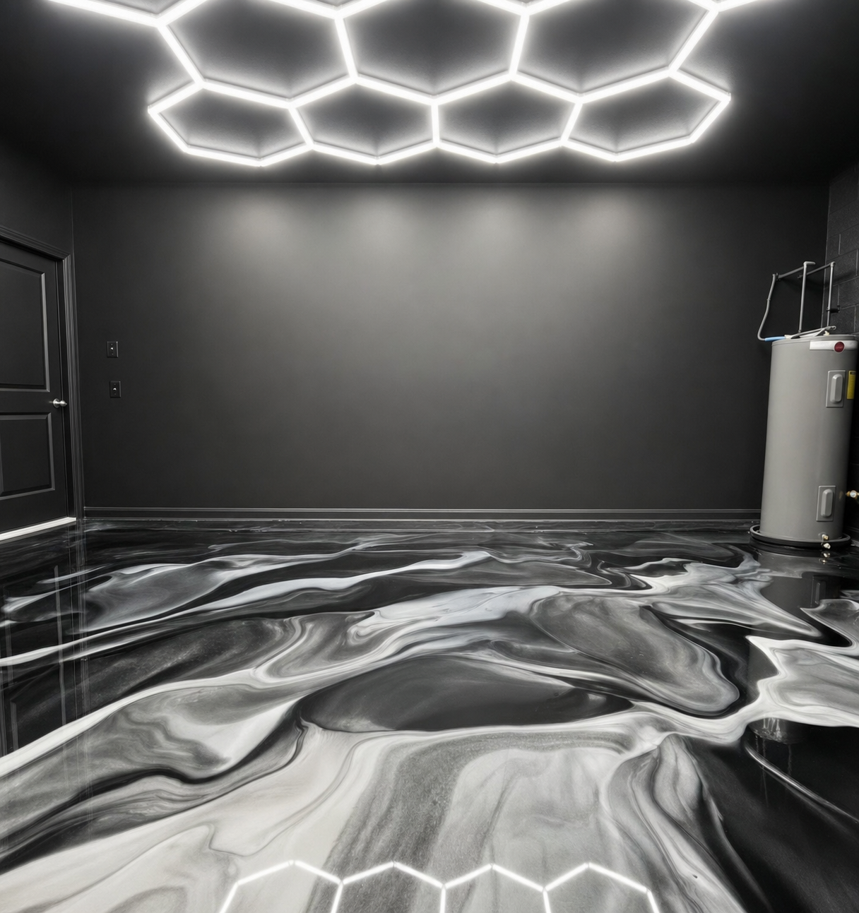 Black and white metallic epoxy garage floor, no car