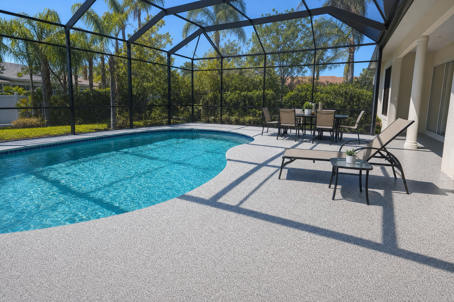 Pool deck with light gray flake system epoxy coating